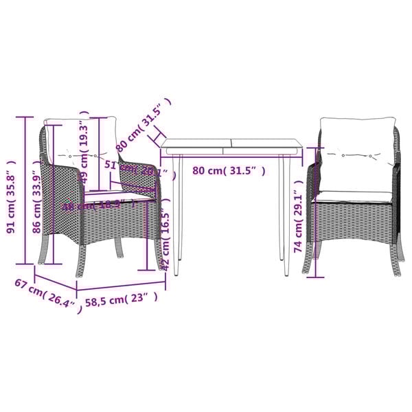 vidaXL 3 Piece Garden Dining Set with Cushions Beige Poly Rattan