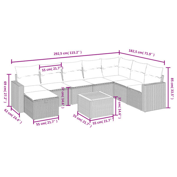 vidaXL 9 Piece Garden Sofa Set with Cushions Grey Poly Rattan
