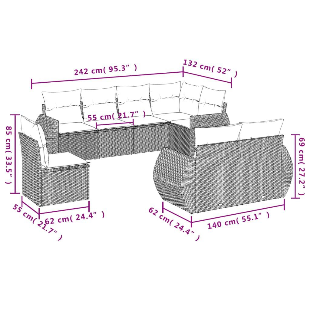 vidaXL 8 Piece Garden Sofa Set with Cushions Black Poly Rattan