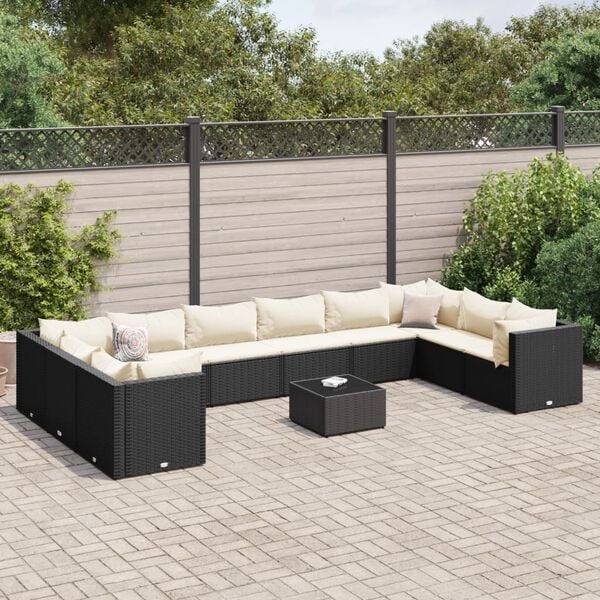 vidaXL 11 Piece Garden Lounge Set with Cushions Black Poly Rattan
