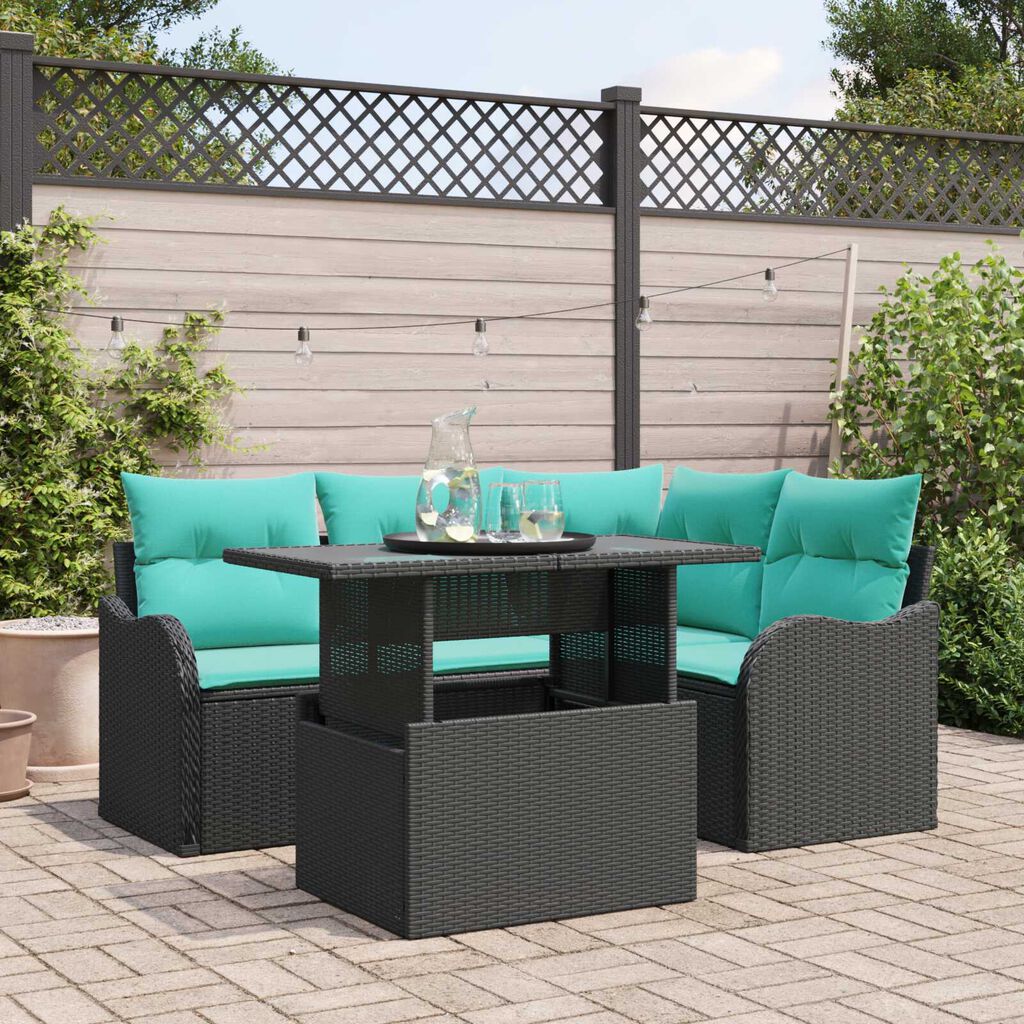 vidaXL 5 Piece Garden Sofa Set with Cushions Black Poly Rattan
