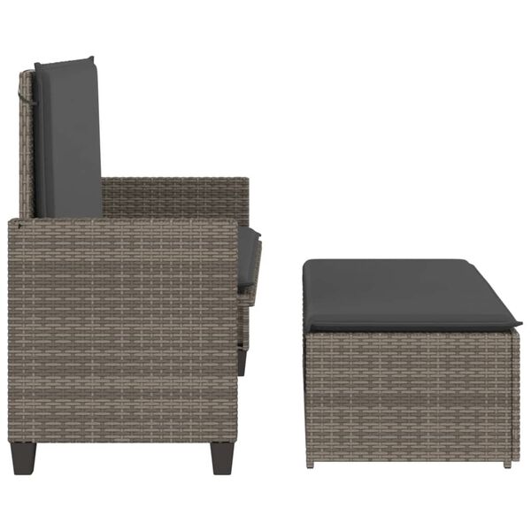 vidaXL Garden Bench with Cushions and Footstool Grey Poly Rattan