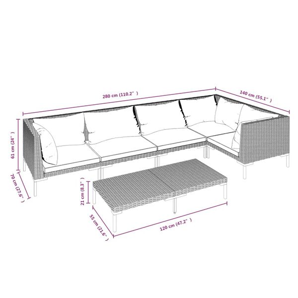 vidaXL 6 Piece Garden Lounge Set with Cushions Poly Rattan Dark Grey