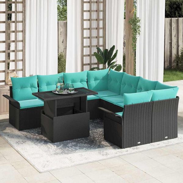 vidaXL Garden Sofa Set with Cushion 9 pcs Black Poly rattan
