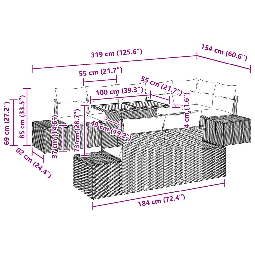 vidaXL 9 Piece Garden Sofa Set with Cushions Black Poly Rattan Acacia