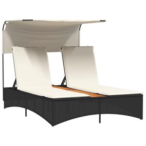 vidaXL Double Sun Lounger with Canopy and Cushions Black Poly Rattan
