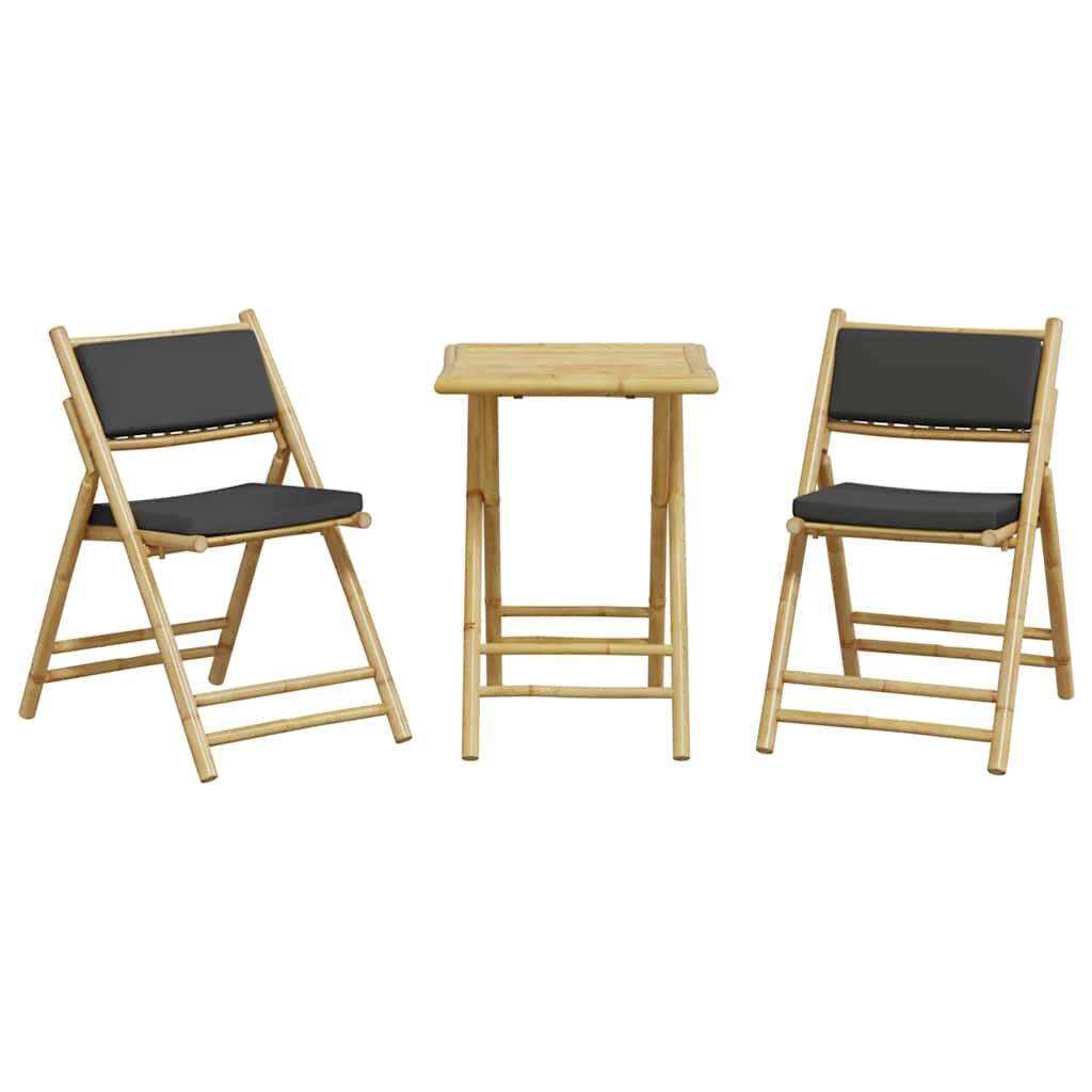vidaXL 3 Piece Folding Bistro set with Dark Grey Cushions Bamboo