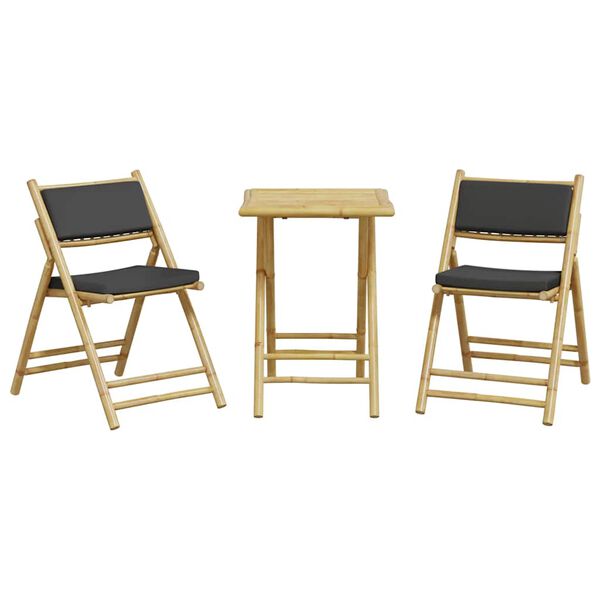 vidaXL 3 Piece Folding Bistro set with Dark Grey Cushions Bamboo