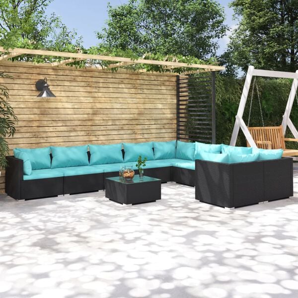 vidaXL 10 Piece Garden Lounge Set with Cushions Poly Rattan Black