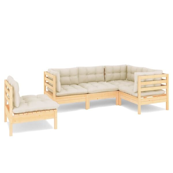 vidaXL 5 Piece Garden Lounge Set with Cream Cushions Pinewood