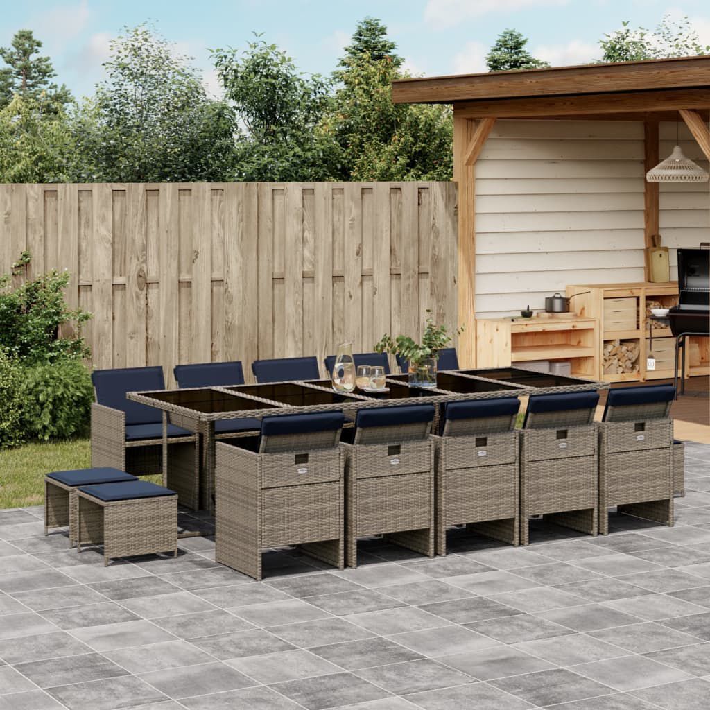 vidaXL 15 Piece Garden Dining Set with Cushions Grey Poly Rattan