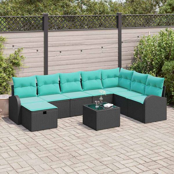 vidaXL Sofa Set with Cushion Manual Black and Turquoise Poly Rattan