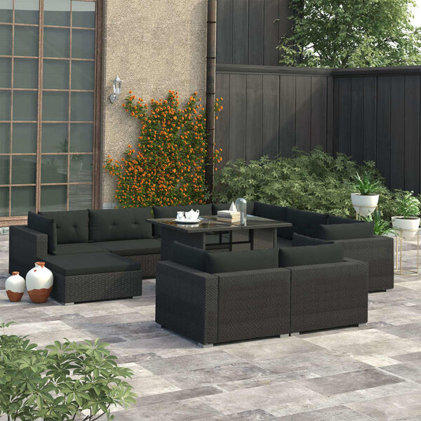 vidaXL 10 Piece Garden Lounge Set with Cushions Poly Rattan Black