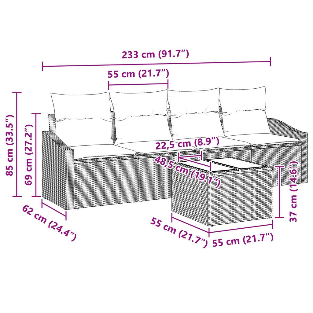 vidaXL 5 Piece Garden Sofa Set with Cushions Grey Poly Rattan