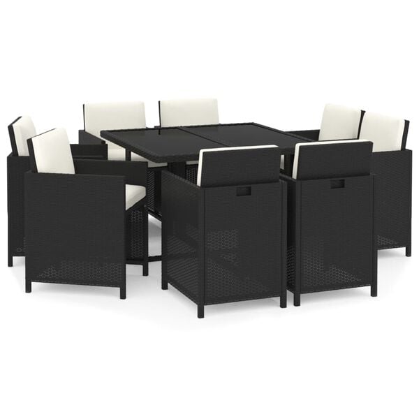 vidaXL 9 Piece Garden Dining Set with Cushions Poly Rattan Black