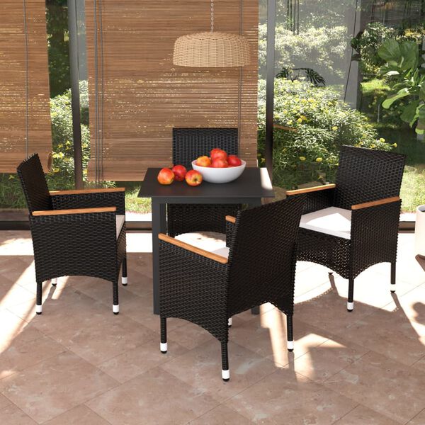vidaXL 5 Piece Garden Dining Set with Cushions Poly Rattan Black