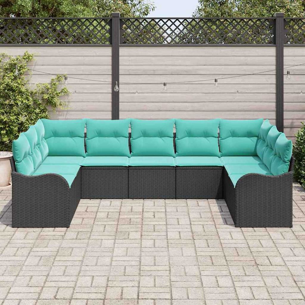 vidaXL Garden Sofa Set with Cushion 9 pcs Black, turquoise Poly rattan