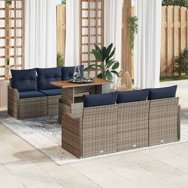 vidaXL Garden Sofa Set 7 pcs Grey and Navy Blue Poly Rattan