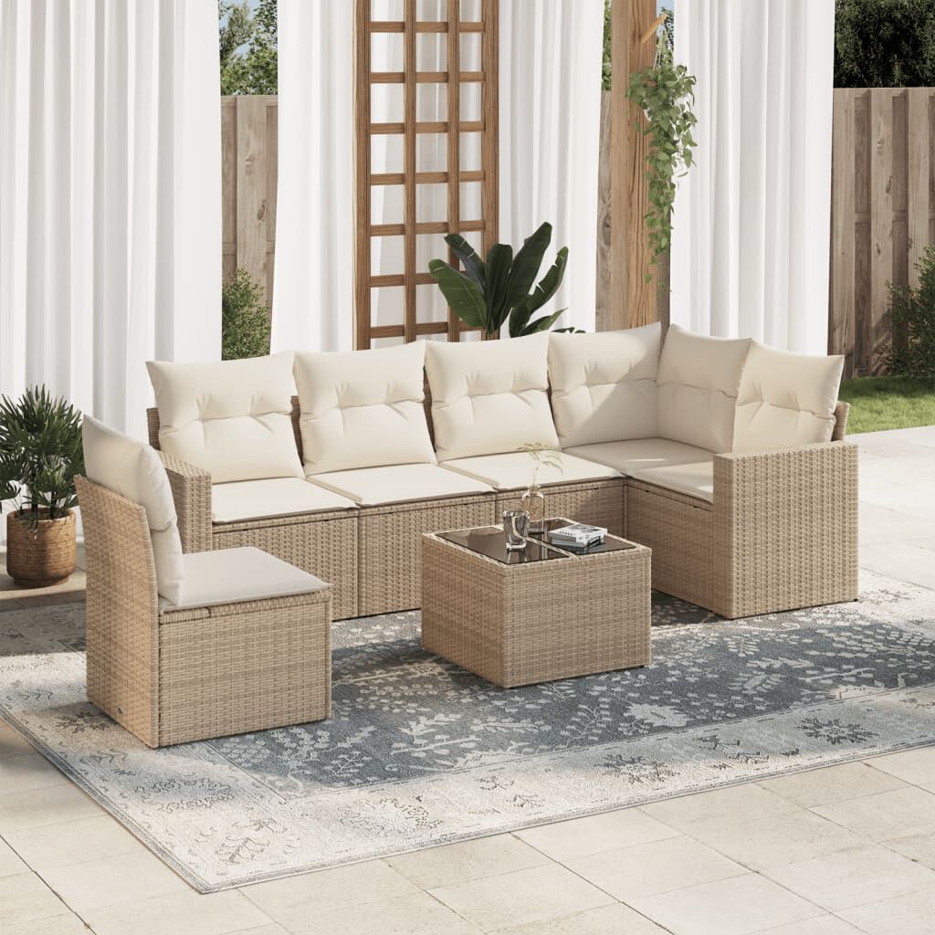 vidaXL 7 Piece Garden Sofa Set with Cushions Beige Poly Rattan