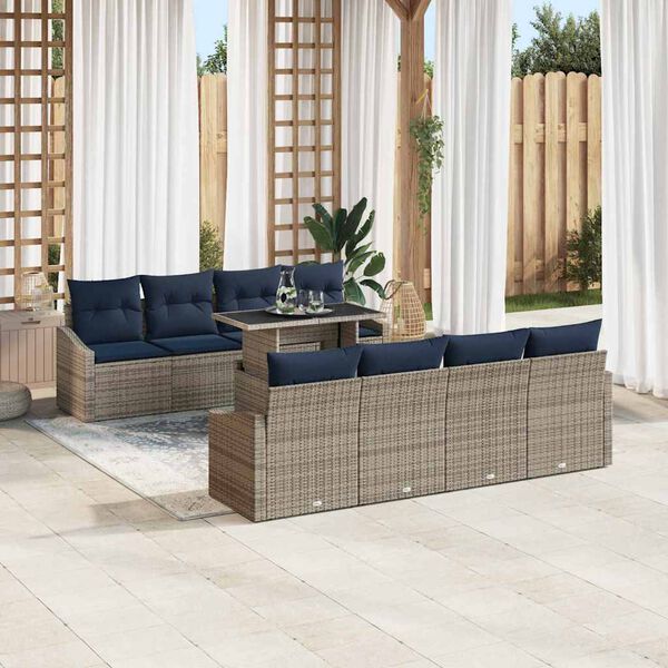 vidaXL Garden Sofa Set 7 pcs Grey and Navy Blue Poly Rattan