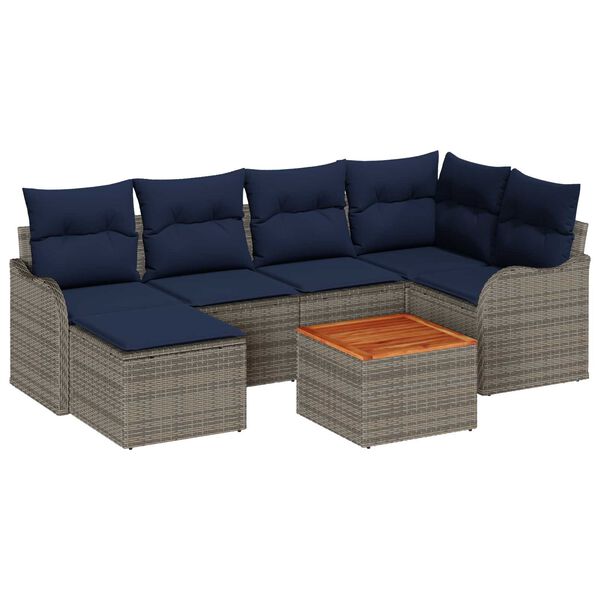 vidaXL 7 Piece Garden Sofa Set with Cushions Grey Poly Rattan Acacia