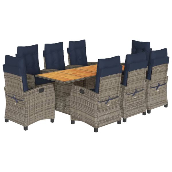 vidaXL 9 Piece Garden Dining Set with Cushions Grey Poly Rattan