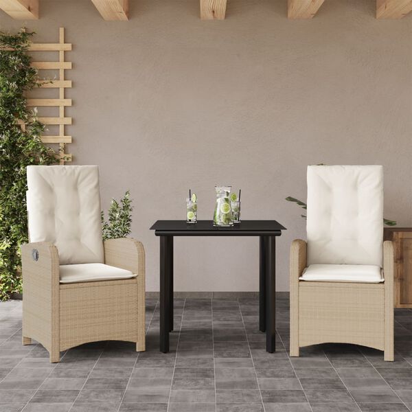 vidaXL 3 Piece Garden Dining Set with Cushions Beige Poly Rattan