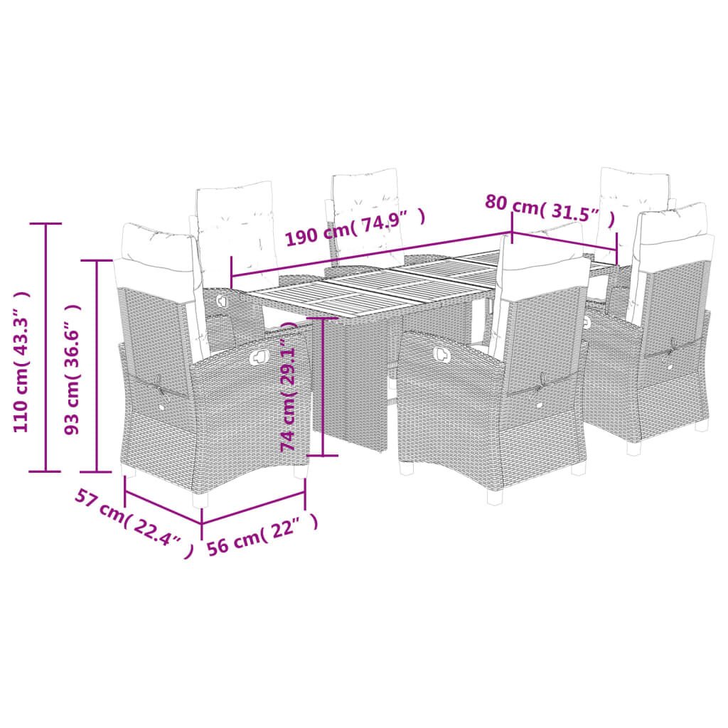 vidaXL 7 Piece Garden Dining Set with Cushions Black Poly Rattan