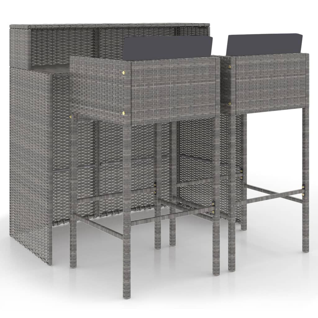 vidaXL 3 Piece Garden Bar Set with Cushions Poly Rattan Grey
