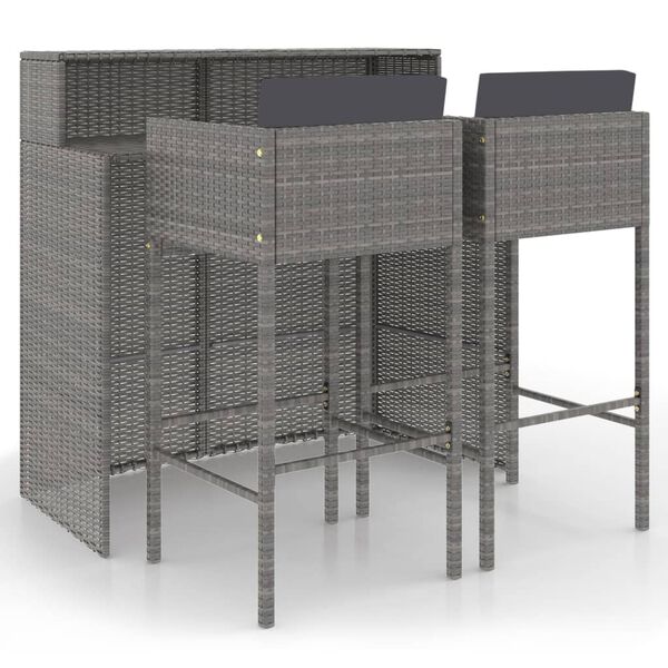 vidaXL 3 Piece Garden Bar Set with Cushions Poly Rattan Grey