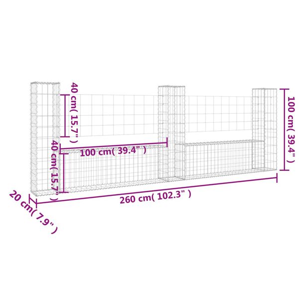 vidaXL U-shape Gabion Basket with 3 Posts Iron 260x20x100 cm