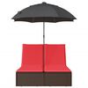 vidaXL Double Sun Lounger with Cushions&Parasol Brown Poly Rattan