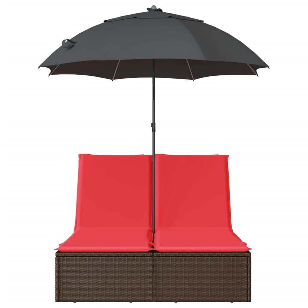 vidaXL Double Sun Lounger with Cushions&Parasol Brown Poly Rattan