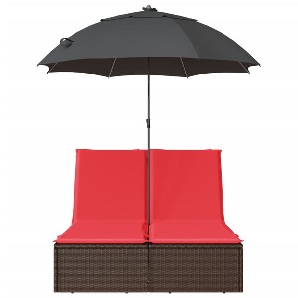 vidaXL Double Sun Lounger with Cushions&Parasol Brown Poly Rattan