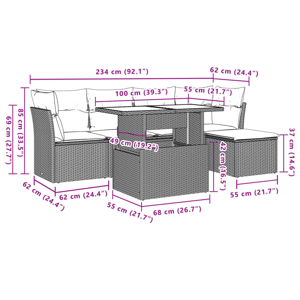 vidaXL 6 Piece Garden Sofa Set with Cushions Brown Poly Rattan