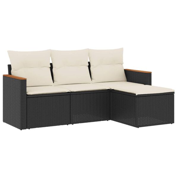 vidaXL 4 Piece Garden Sofa Set with Cushions Black Poly Rattan