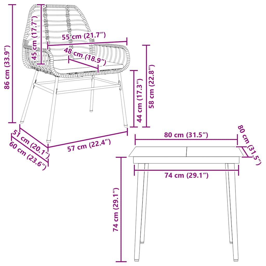 vidaXL 3 Piece Garden Dining Set with Cushions Brown Poly Rattan Glass