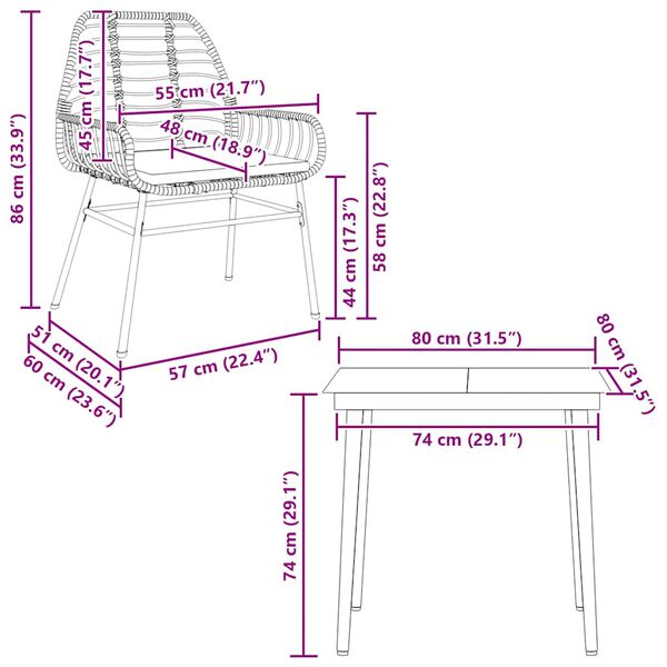 vidaXL 3 Piece Garden Dining Set with Cushions Brown Poly Rattan Glass