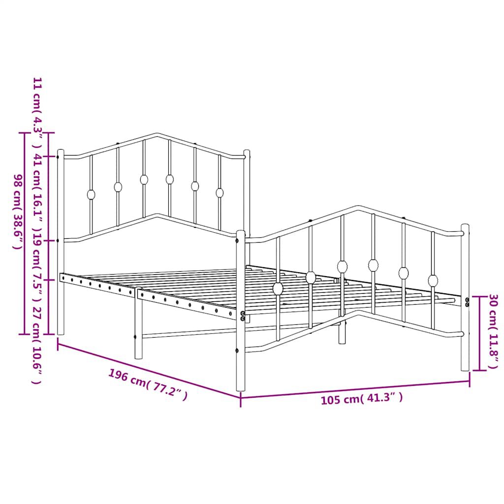 vidaXL Metal Bed Frame without Mattress with Footboard White 100x190cm