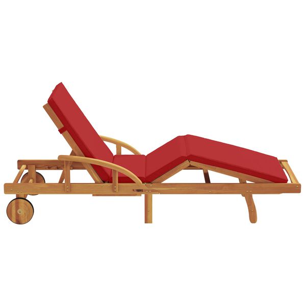 vidaXL Folding Sun Lounger with Wheels & Cushion Red Solid Wood Acacia