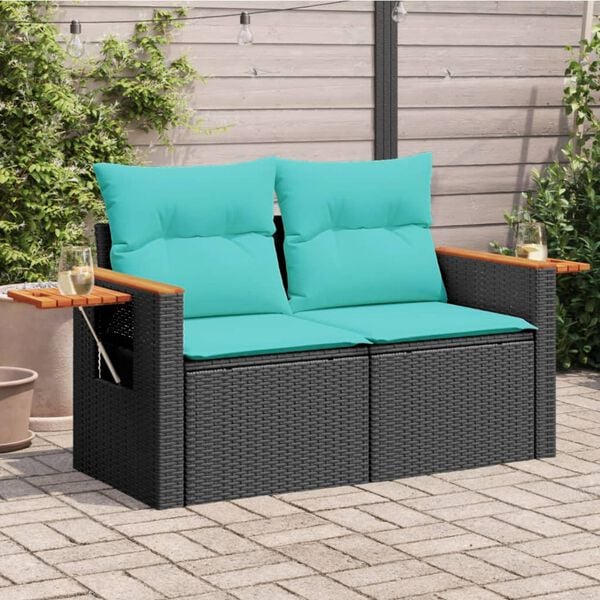 vidaXL Garden Sofa with Cushions 2-Seater Black Poly Rattan