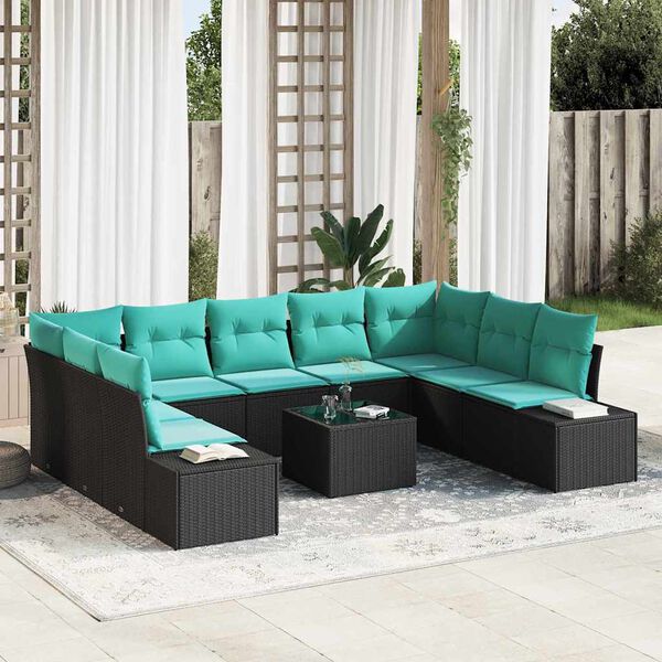 vidaXL Garden Sofa Set with Cushion 10 pcs Black Poly Rattan
