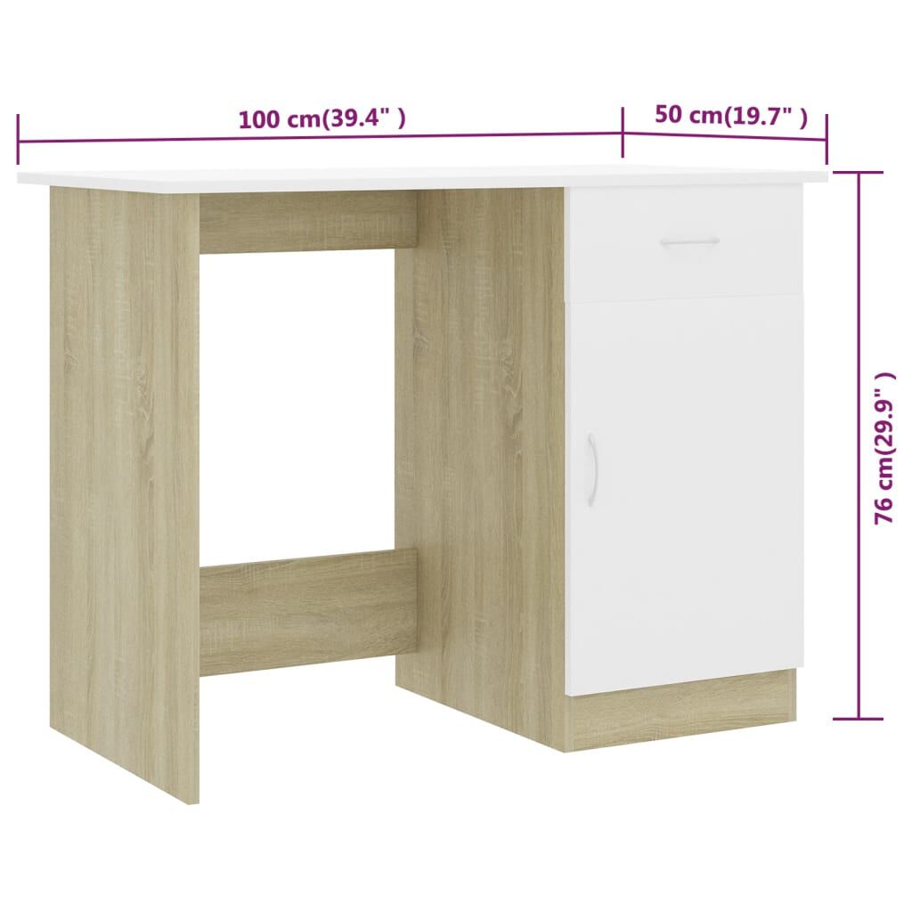 vidaXL Desk White and Sonoma Oak 100x50x76 cm Engineered Wood