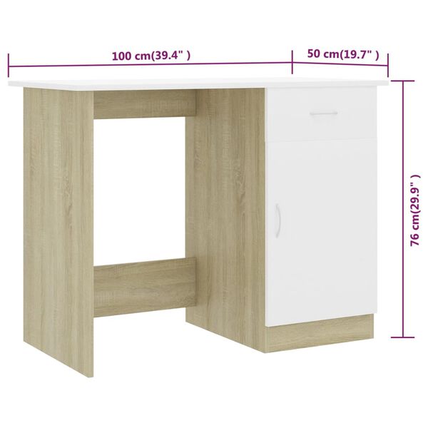vidaXL Desk White and Sonoma Oak 100x50x76 cm Engineered Wood