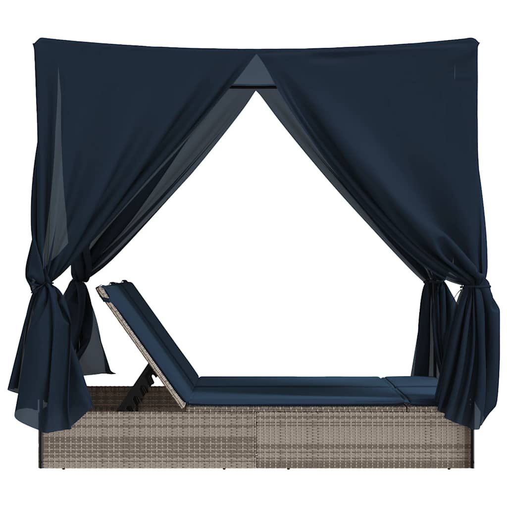 vidaXL Double Sun Lounger with Roof and Curtains Grey Poly Rattan