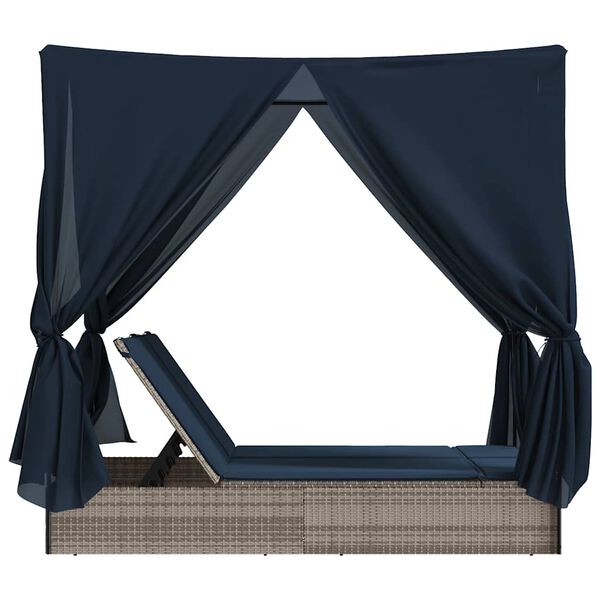 vidaXL Double Sun Lounger with Roof and Curtains Grey Poly Rattan