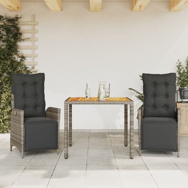 vidaXL 3 Piece Garden Dining Set with Cushions Grey Poly Rattan
