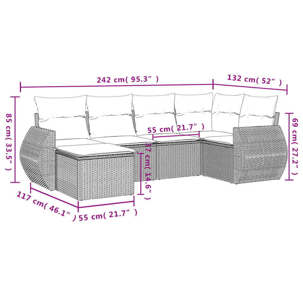 vidaXL 6 Piece Garden Sofa Set with Cushions Black Poly Rattan