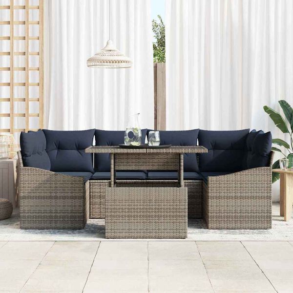 vidaXL Garden Sofa Set 7 pcs Grey and Navy Blue Poly rattan