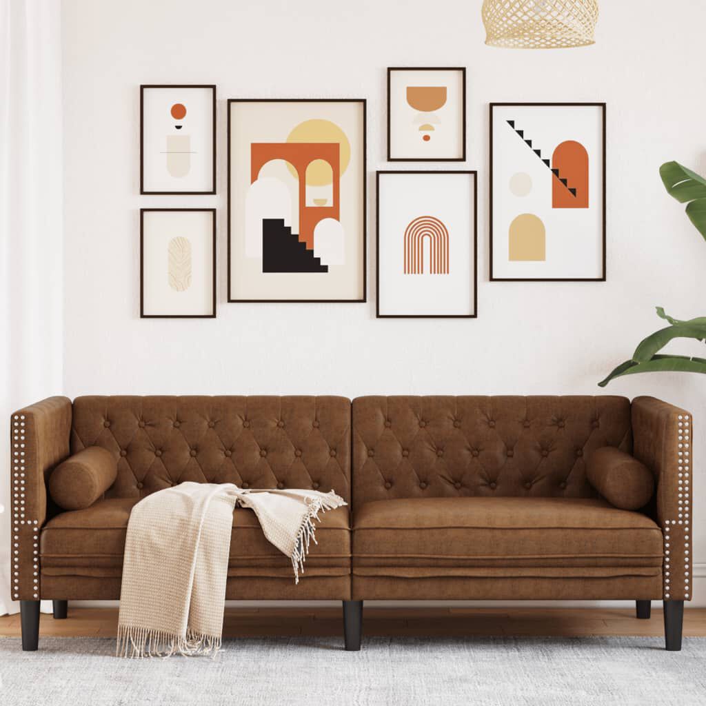 vidaXL Chesterfield Sofa with Bolsters 3-Seater Brown Faux Suede Leather